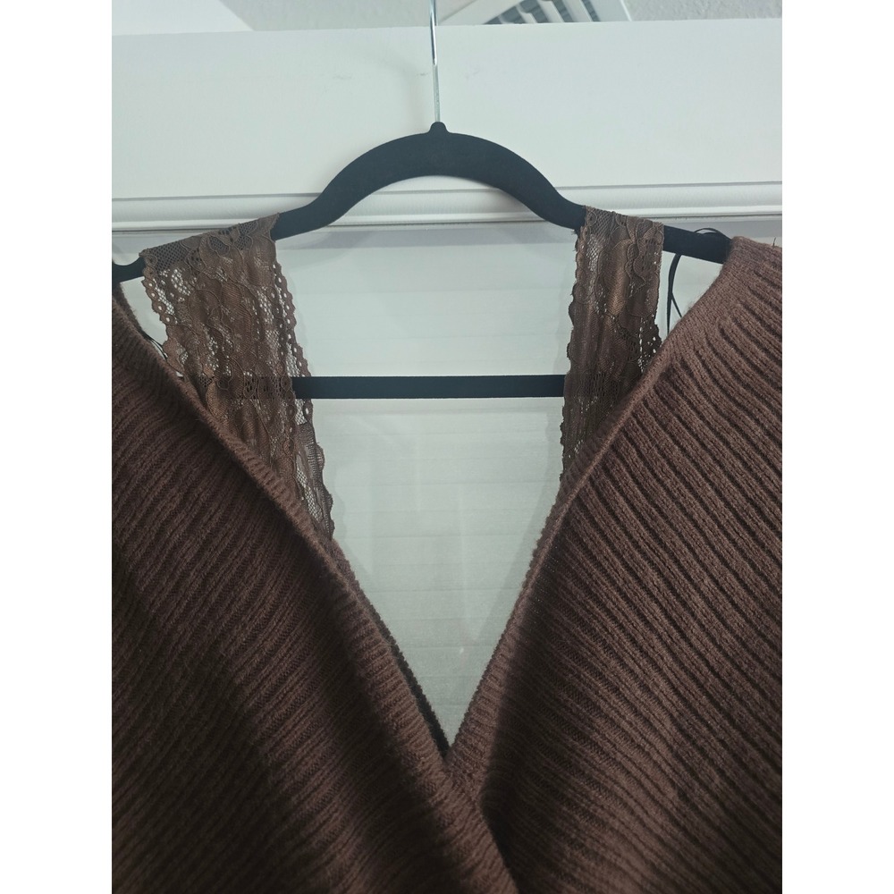 Cider Brown Ribbed Knit Surplice Wrap Midi Sweater Dress Lace Trim 0XL NEW - Picture 2 of 8